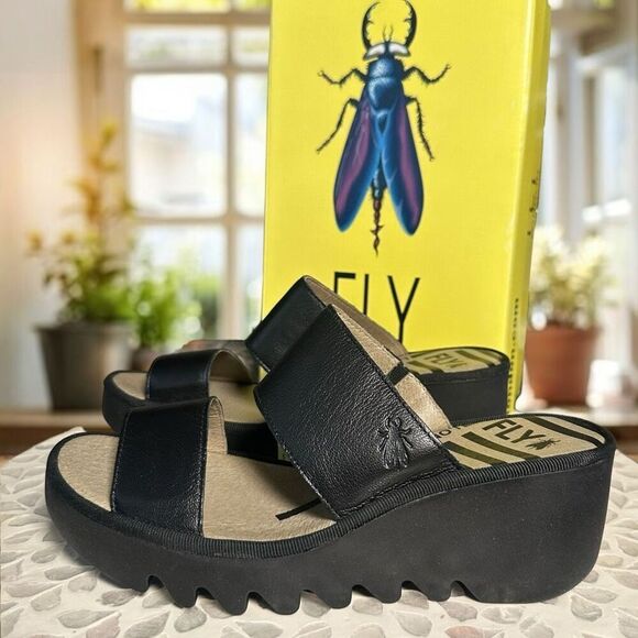 Fly London $190 BESY357FLY Moose Black Leather Slide Wedge Sandals Women’s EU 38 - Picture 3 of 16
